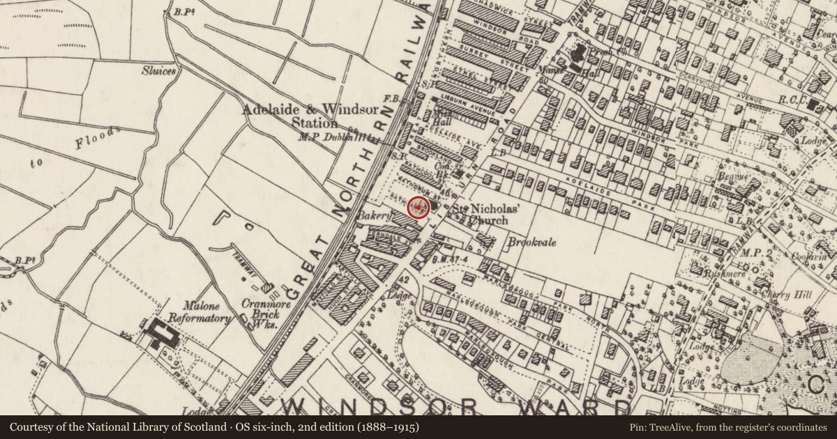 Ordnance Survey six-inch map, 2nd edition (1888–1915) covering the location of 4 Rathgar St, Belfast, with a pin at the register's coordinates