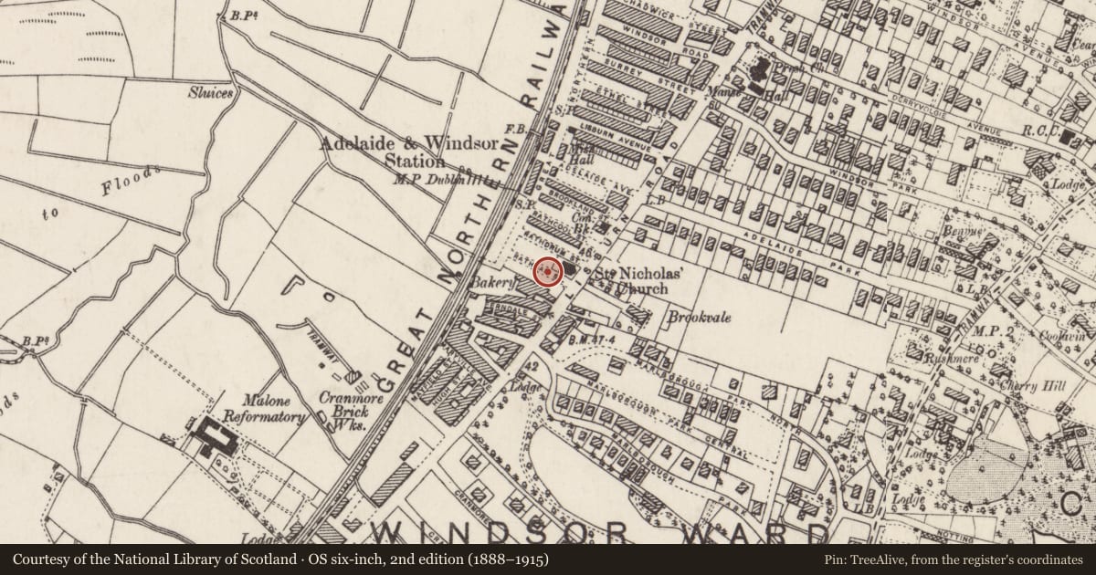 Ordnance Survey six-inch map, 2nd edition (1888–1915) covering the location of 6 Rathgar St., Belfast, with a pin at the register's coordinates