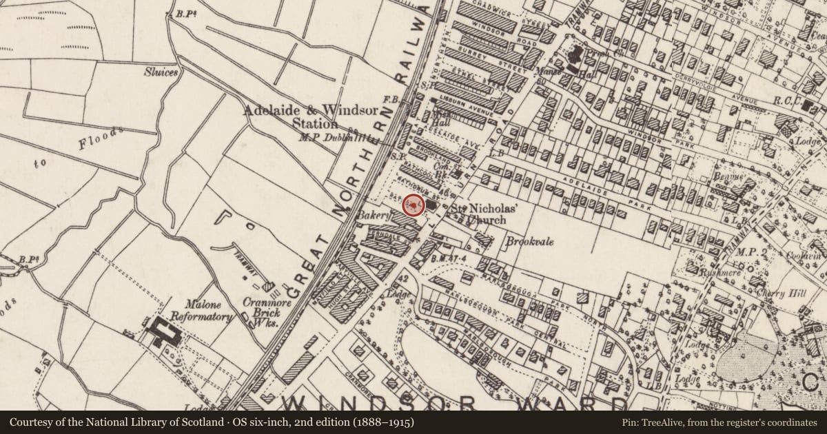 Ordnance Survey six-inch map, 2nd edition (1888–1915) covering the location of 8 Rathgar St., Belfast, with a pin at the register's coordinates