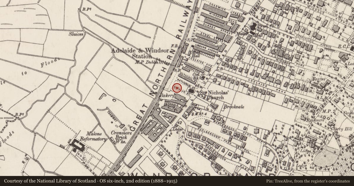 Ordnance Survey six-inch map, 2nd edition (1888–1915) covering the location of 24 Rathgar St., Belfast, with a pin at the register's coordinates
