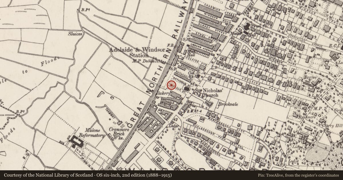 Ordnance Survey six-inch map, 2nd edition (1888–1915) covering the location of 28 Rathgar St., Belfast, with a pin at the register's coordinates