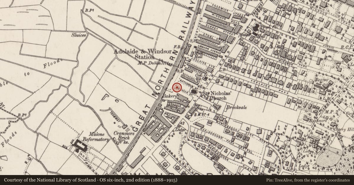 Ordnance Survey six-inch map, 2nd edition (1888–1915) covering the location of 30 Rathgar St., Belfast, with a pin at the register's coordinates