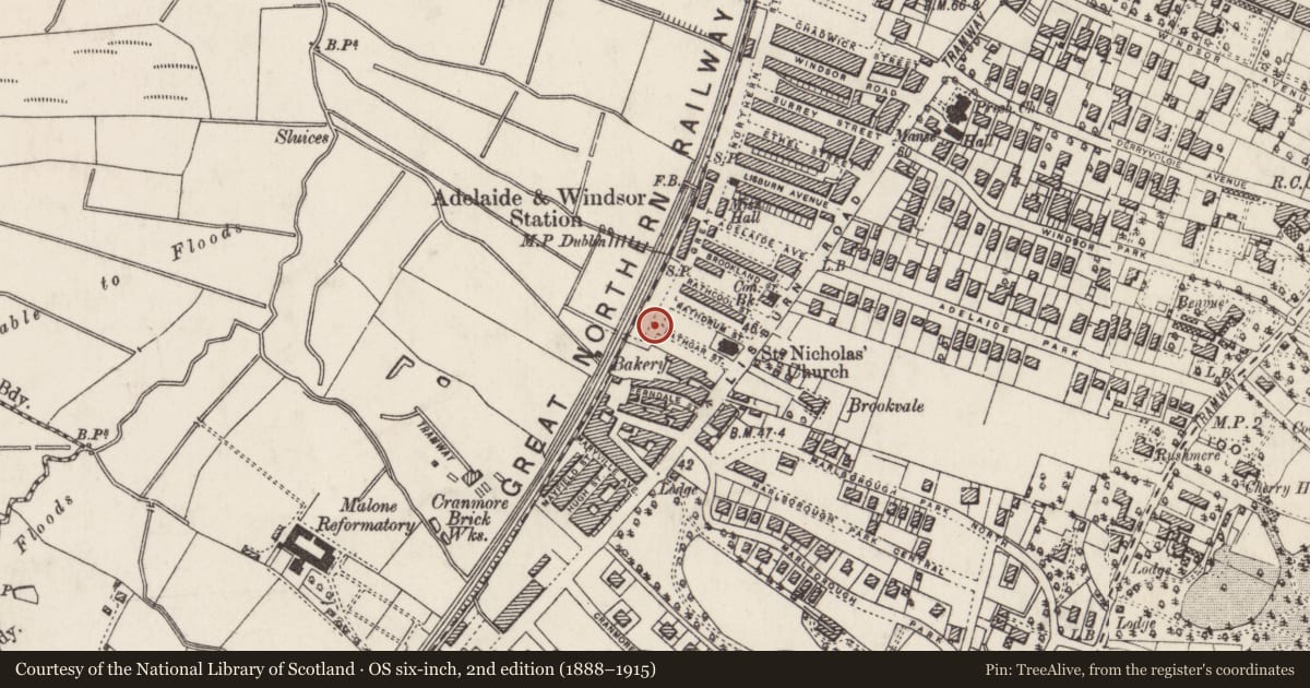 Ordnance Survey six-inch map, 2nd edition (1888–1915) covering the location of 38 Rathgar St., Belfast, with a pin at the register's coordinates
