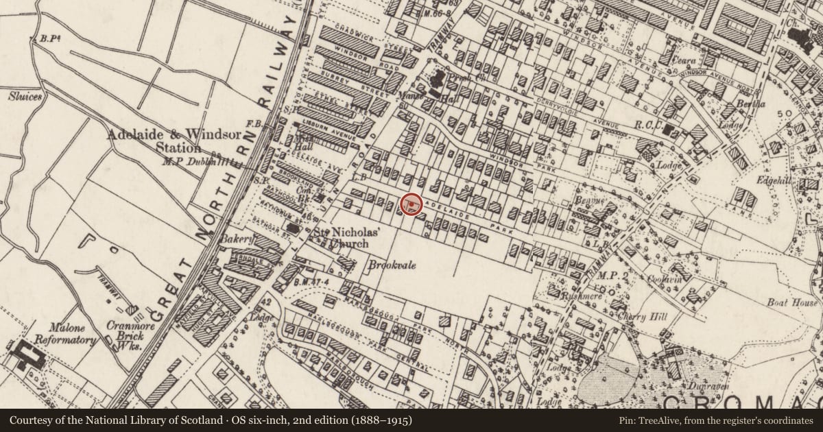 Ordnance Survey six-inch map, 2nd edition (1888–1915) covering the location of 9 Adelaide Park, Belfast, with a pin at the register's coordinates