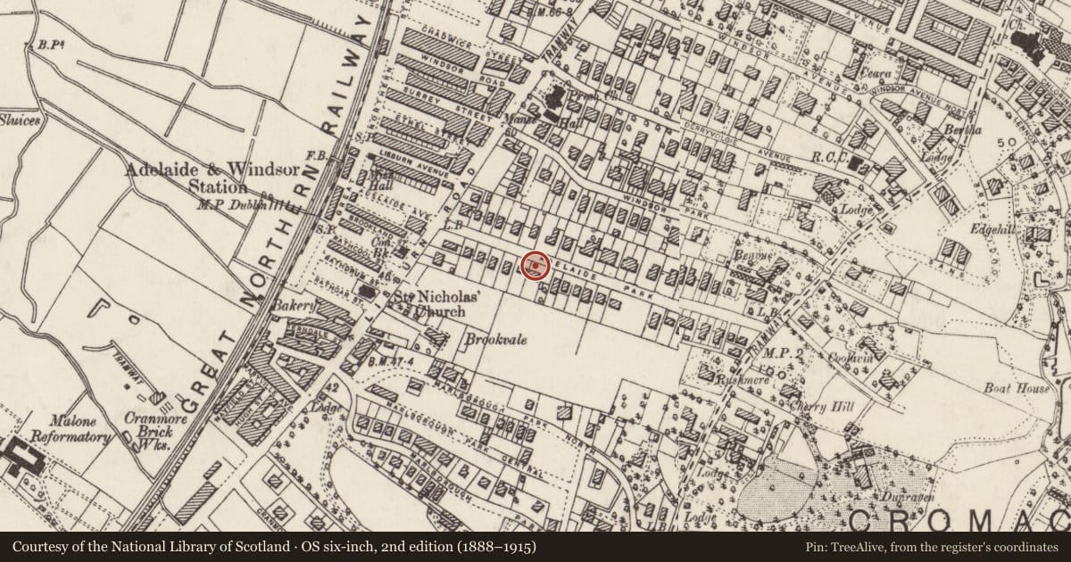 Ordnance Survey six-inch map, 2nd edition (1888–1915) covering the location of 11 Adelaide Park, Malone Lower, Belfast, with a pin at the register's coordinates