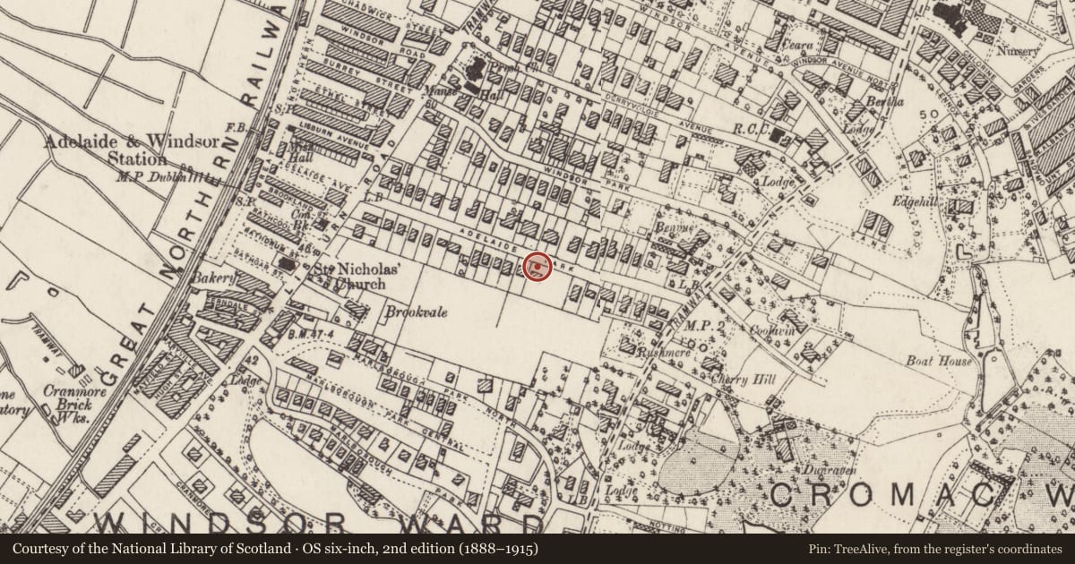 Ordnance Survey six-inch map, 2nd edition (1888–1915) covering the location of 23 Adelaide Park, Belfast, with a pin at the register's coordinates