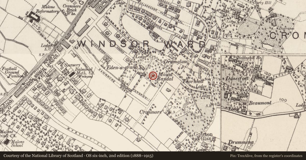 Ordnance Survey six-inch map, 2nd edition (1888–1915) covering the location of Inchmarlo Prep School, Cranmore Park, Belfast BT9 6JR, Malone Lower, with a pin at the register's coordinates