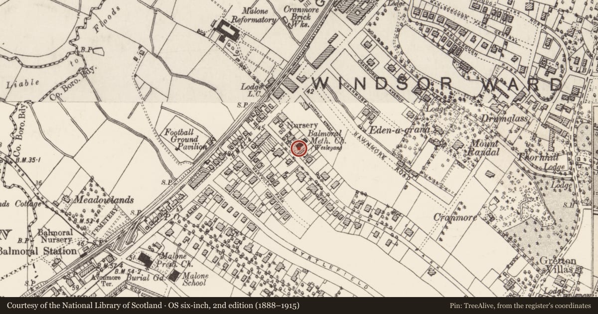 Ordnance Survey six-inch map, 2nd edition (1888–1915) covering the location of Methodist Church Osborne Park Belfast BT9 6JP ** See General Comments **, Malone Lower, Belfast, with a pin at the register's coordinates