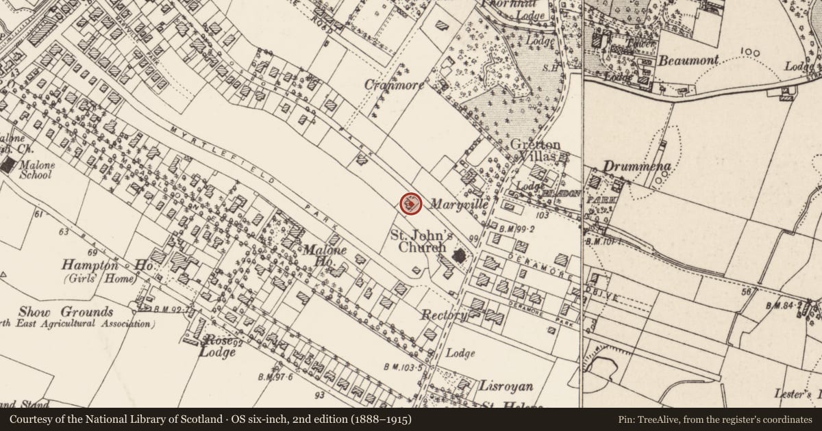 Ordnance Survey six-inch map, 2nd edition (1888–1915) covering the location of 105 Osborne Park, Belfast, with a pin at the register's coordinates