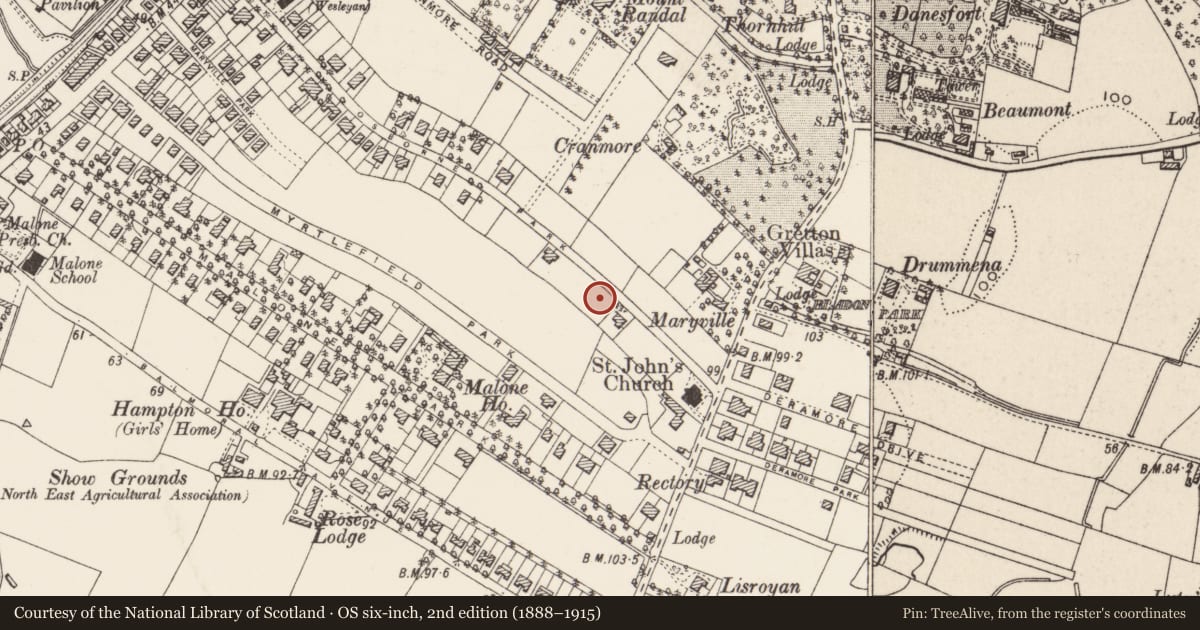 Ordnance Survey six-inch map, 2nd edition (1888–1915) covering the location of 101 Osborne Park, Belfast, with a pin at the register's coordinates
