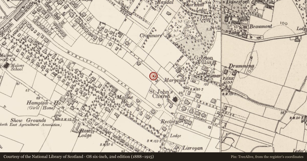 Ordnance Survey six-inch map, 2nd edition (1888–1915) covering the location of 103 Osborne Park, Belfast, with a pin at the register's coordinates