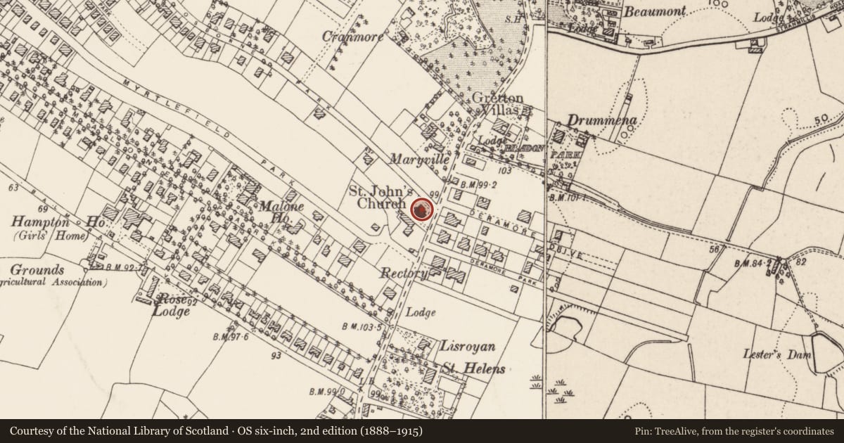 Ordnance Survey six-inch map, 2nd edition (1888–1915) covering the location of St.john'S Church (COFI), Belfast, with a pin at the register's coordinates