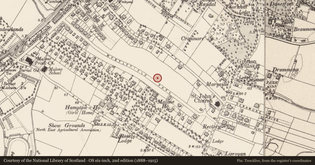Ordnance Survey six-inch map, 2nd edition (1888–1915) covering the location of 46 Myrtlefield Park, Belfast, with a pin at the register's coordinates