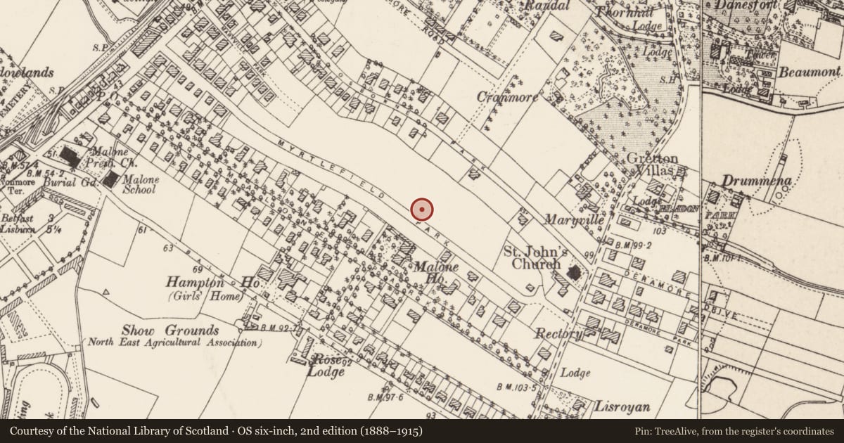 Ordnance Survey six-inch map, 2nd edition (1888–1915) covering the location of 48 Myrtlefield Park, Belfast, with a pin at the register's coordinates