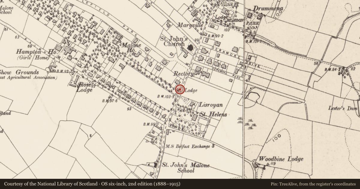 Ordnance Survey six-inch map, 2nd edition (1888–1915) covering the location of 58 Malone Park, Belfast, with a pin at the register's coordinates