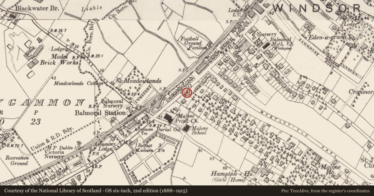 Ordnance Survey six-inch map, 2nd edition (1888–1915) covering the location of 1A Malone Park, Belfast, with a pin at the register's coordinates