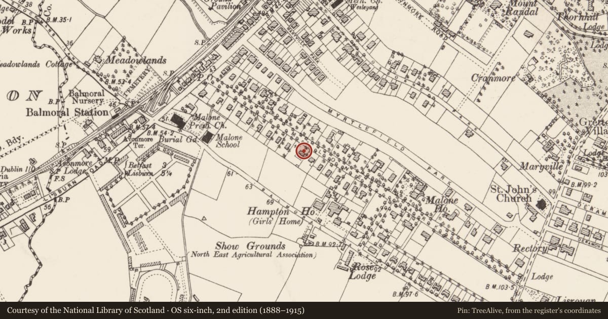 Ordnance Survey six-inch map, 2nd edition (1888–1915) covering the location of 17 Malone Park, Belfast, with a pin at the register's coordinates