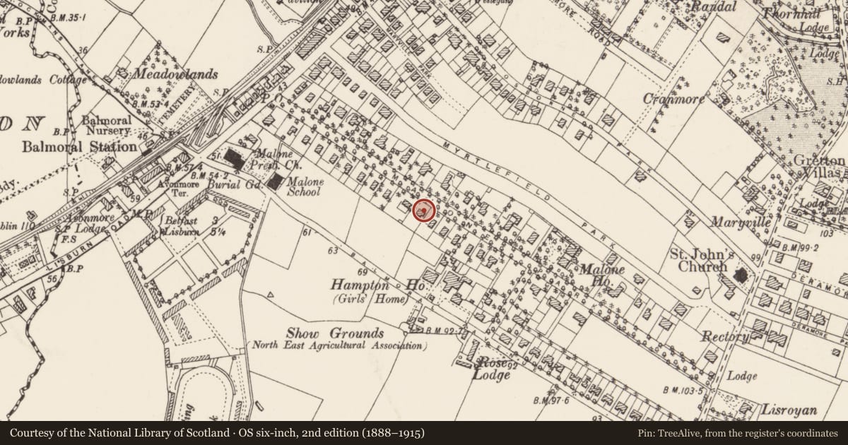Ordnance Survey six-inch map, 2nd edition (1888–1915) covering the location of 19 Malone Park, Belfast, with a pin at the register's coordinates
