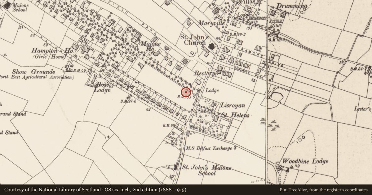 Ordnance Survey six-inch map, 2nd edition (1888–1915) covering the location of 51 Malone Park, Belfast, Co Antrim, BT9 6NN, Malone Lower, Belfast, with a pin at the register's coordinates