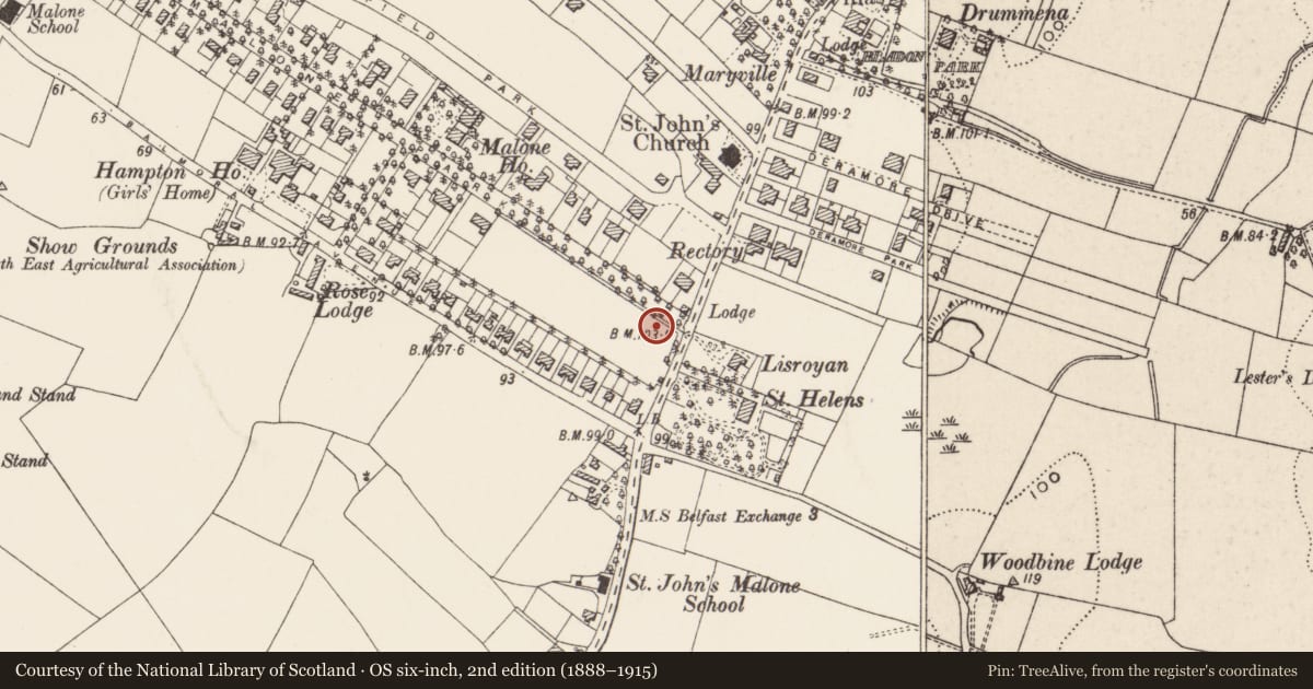 Ordnance Survey six-inch map, 2nd edition (1888–1915) covering the location of 53 Malone Park, Belfast, with a pin at the register's coordinates