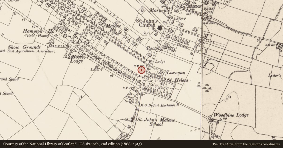 Ordnance Survey six-inch map, 2nd edition (1888–1915) covering the location of Voysey House, Belfast, with a pin at the register's coordinates