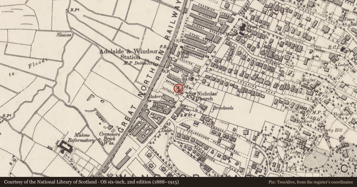 Ordnance Survey six-inch map, 2nd edition (1888–1915) covering the location of St. Nicholas Church Of Ireland Church, Belfast, with a pin at the register's coordinates