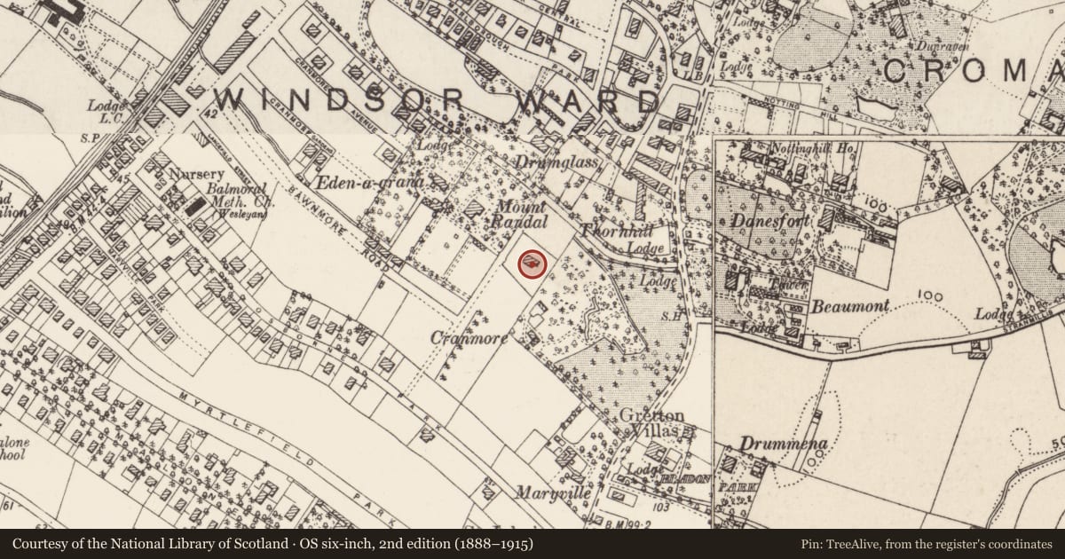 Ordnance Survey six-inch map, 2nd edition (1888–1915) covering the location of 6 Osborne Gardens, Belfast, with a pin at the register's coordinates