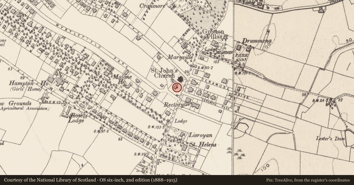 Ordnance Survey six-inch map, 2nd edition (1888–1915) covering the location of 143 Malone Road, Belfast BT9 6SX, Malone Lower, with a pin at the register's coordinates