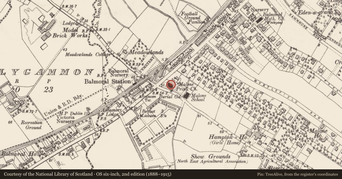 Ordnance Survey six-inch map, 2nd edition (1888–1915) covering the location of Malone Presbyterian Church, Belfast, with a pin at the register's coordinates