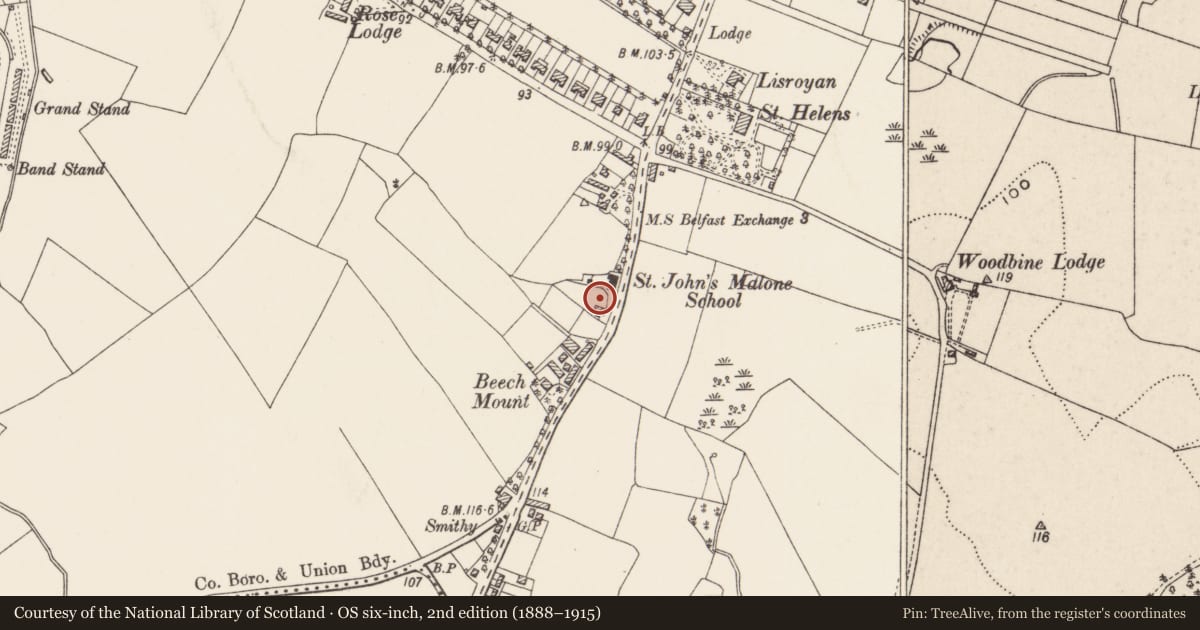 Ordnance Survey six-inch map, 2nd edition (1888–1915) covering the location of Mc Cracken Memorial Presbyterian Church, Belfast, with a pin at the register's coordinates