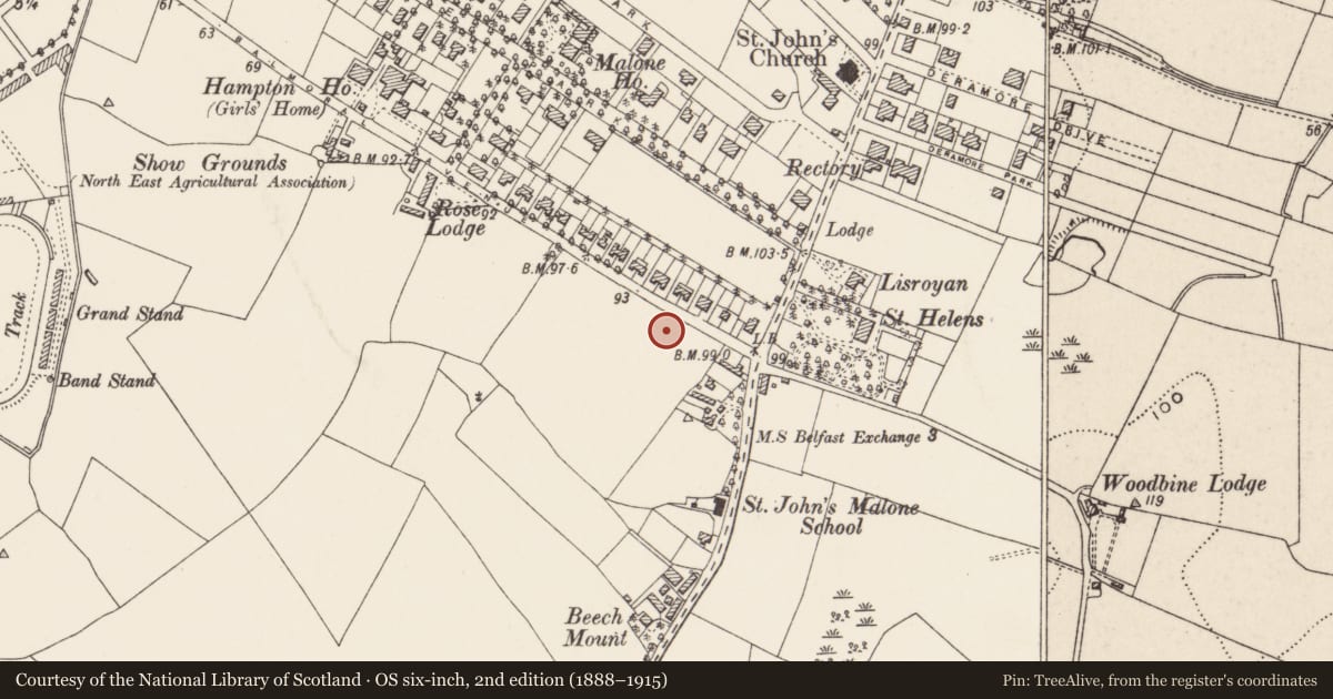 Ordnance Survey six-inch map, 2nd edition (1888–1915) covering the location of 89 Balmoral Avenue, Belfast, with a pin at the register's coordinates