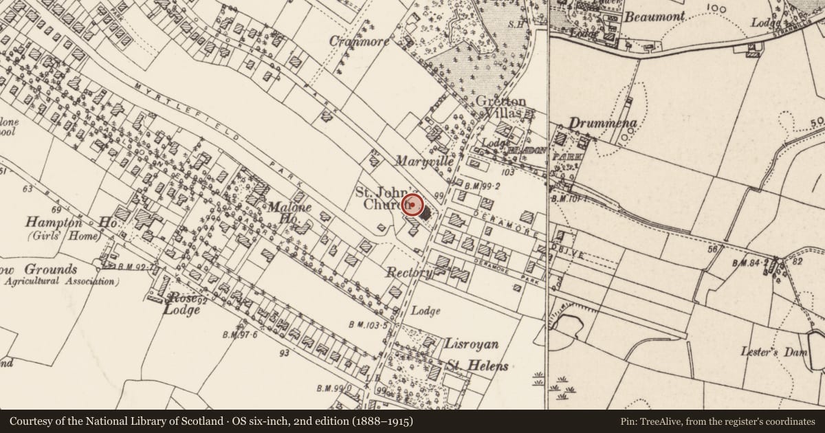 Ordnance Survey six-inch map, 2nd edition (1888–1915) covering the location of The Seaver Hall At St. John'S Church Of Ireland, Belfast, with a pin at the register's coordinates