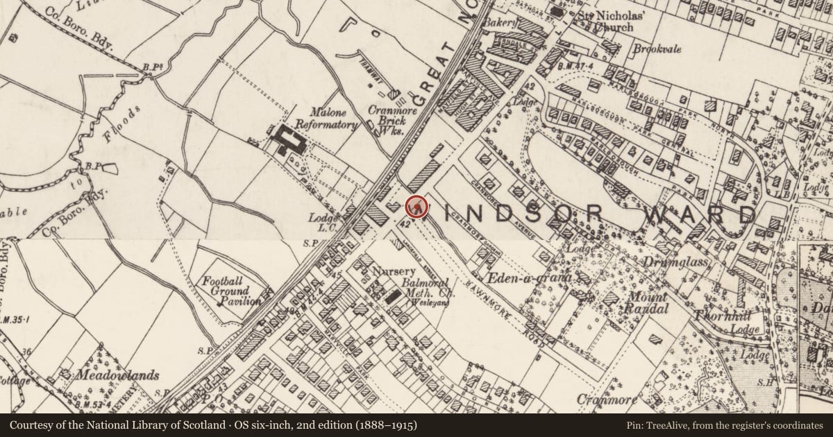 Ordnance Survey six-inch map, 2nd edition (1888–1915) covering the location of Bank of Ireland, 364 Lisburn Road, Belfast, BT9 6GL, Malone Lower, Belfast, with a pin at the register's coordinates