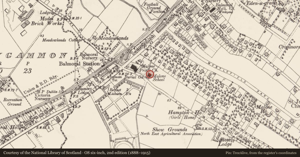 Ordnance Survey six-inch map, 2nd edition (1888–1915) covering the location of Paton Memorial Hall, with a pin at the register's coordinates