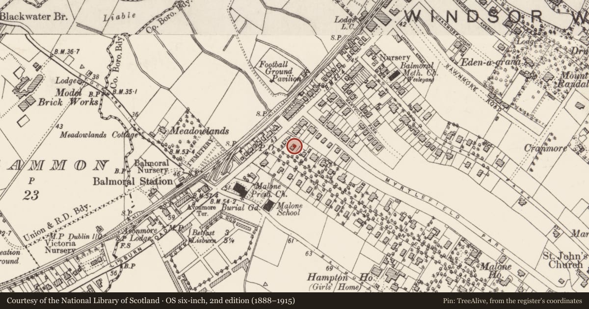 Ordnance Survey six-inch map, 2nd edition (1888–1915) covering the location of 4 Malone Park, with a pin at the register's coordinates