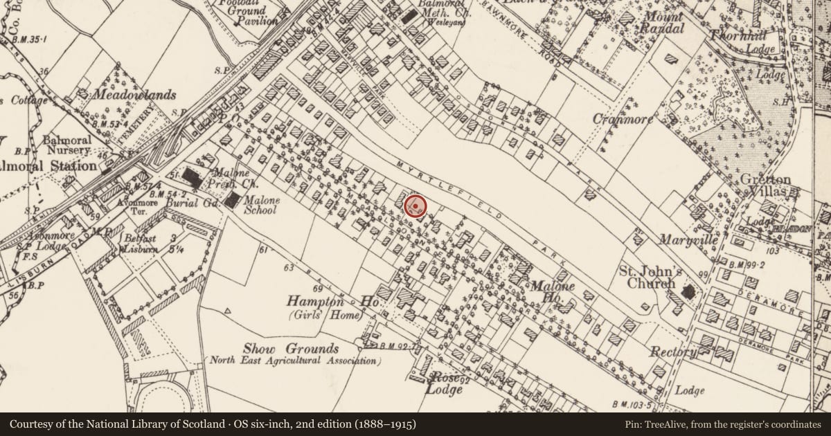 Ordnance Survey six-inch map, 2nd edition (1888–1915) covering the location of 28B Malone Park, with a pin at the register's coordinates