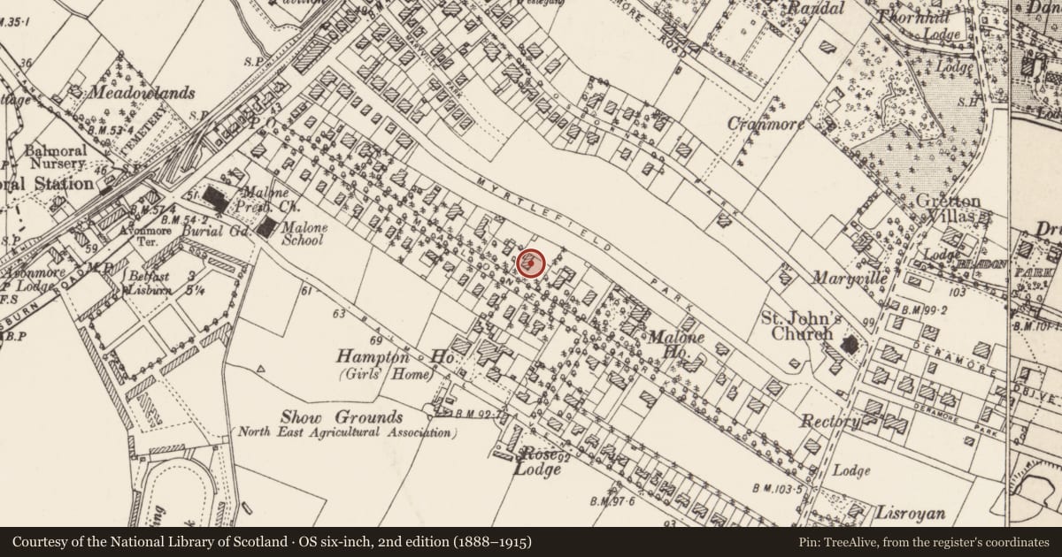 Ordnance Survey six-inch map, 2nd edition (1888–1915) covering the location of 30 Malone Park, Belfast BT9 6NJ, Malone Lower, Belfast, with a pin at the register's coordinates