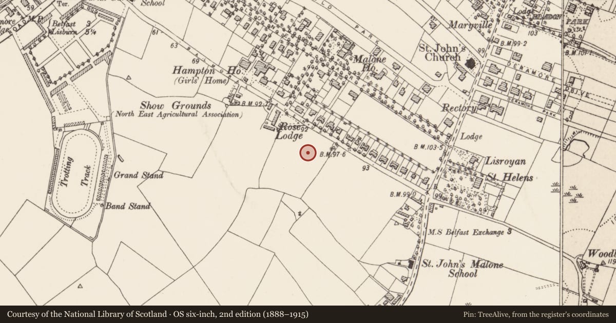 Ordnance Survey six-inch map, 2nd edition (1888–1915) covering the location of 2 Shrewsbury Park, with a pin at the register's coordinates