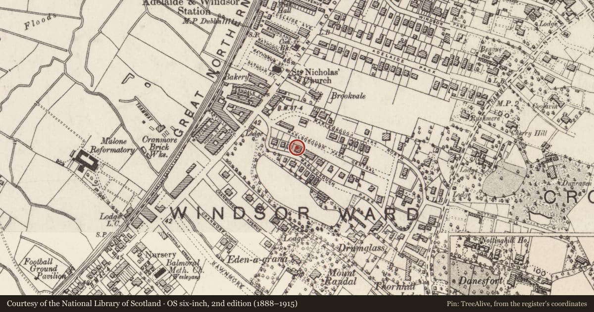 Ordnance Survey six-inch map, 2nd edition (1888–1915) covering the location of 32 Marlborough Park South, with a pin at the register's coordinates