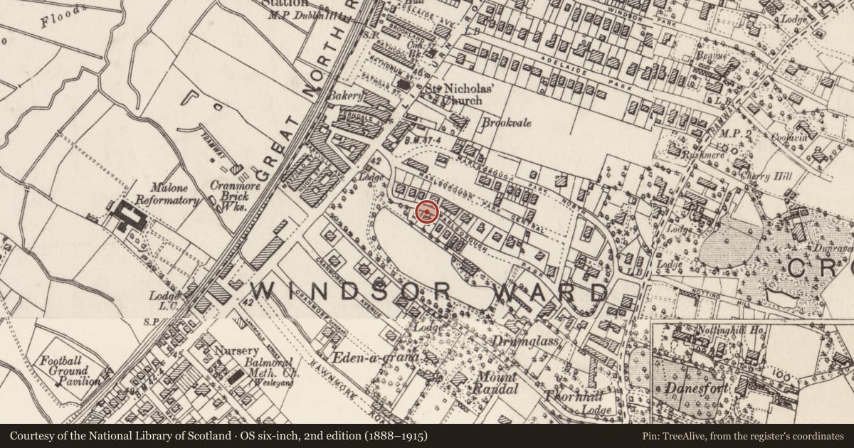Ordnance Survey six-inch map, 2nd edition (1888–1915) covering the location of 49 & 51 Marlborough Park South, with a pin at the register's coordinates