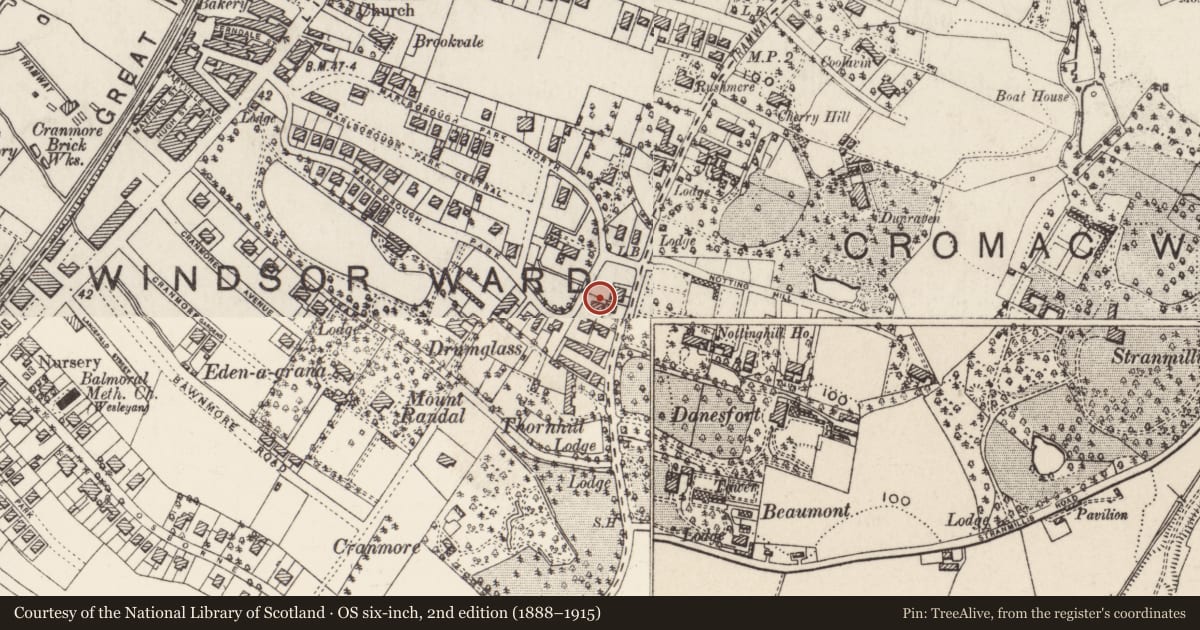Ordnance Survey six-inch map, 2nd edition (1888–1915) covering the location of 123 Marlborough Park South, with a pin at the register's coordinates