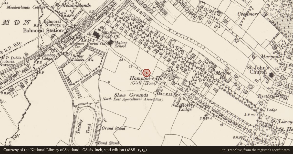 Ordnance Survey six-inch map, 2nd edition (1888–1915) covering the location of Post Box, Malone Lower, Belfast, with a pin at the register's coordinates