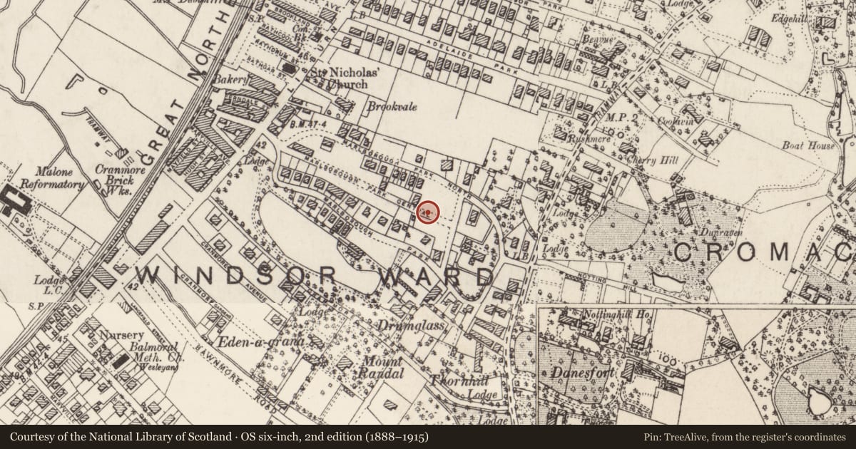 Ordnance Survey six-inch map, 2nd edition (1888–1915) covering the location of 114 Marlborough Park Central, Malone Lower, Belfast, with a pin at the register's coordinates