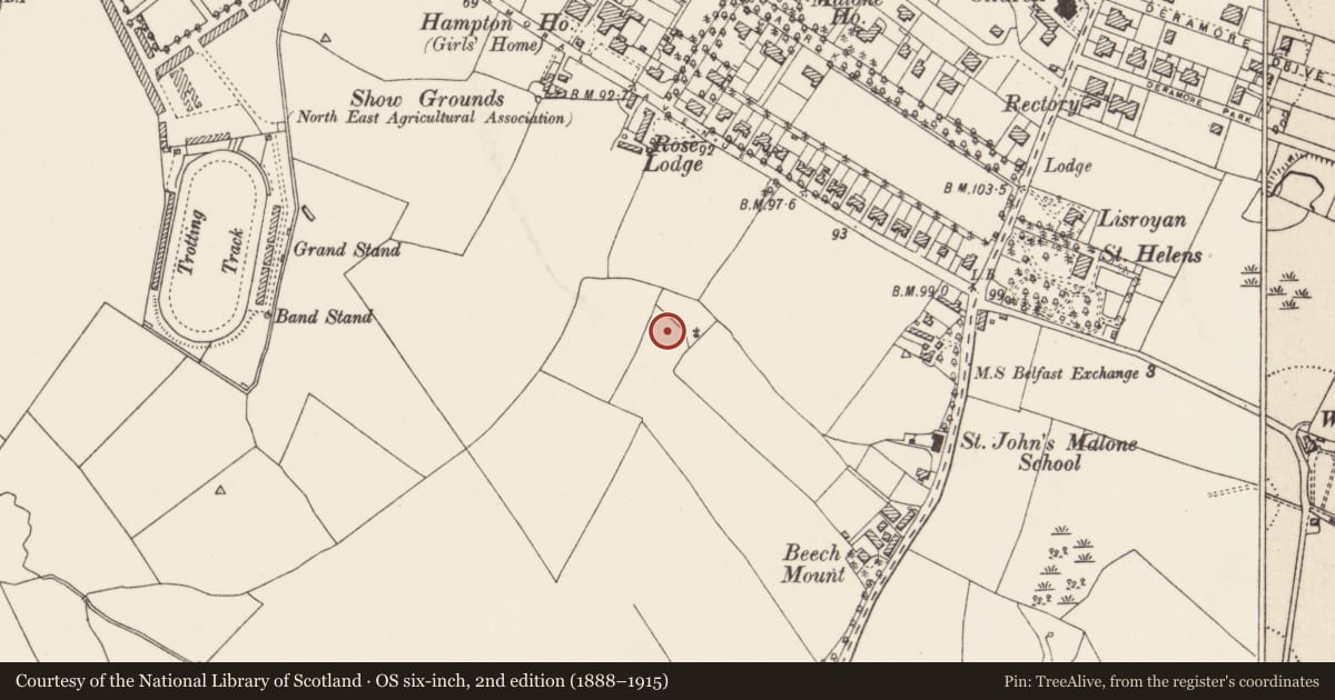 Ordnance Survey six-inch map, 2nd edition (1888–1915) covering the location of NI Regional War Room, Malone Upper, Belfast, with a pin at the register's coordinates
