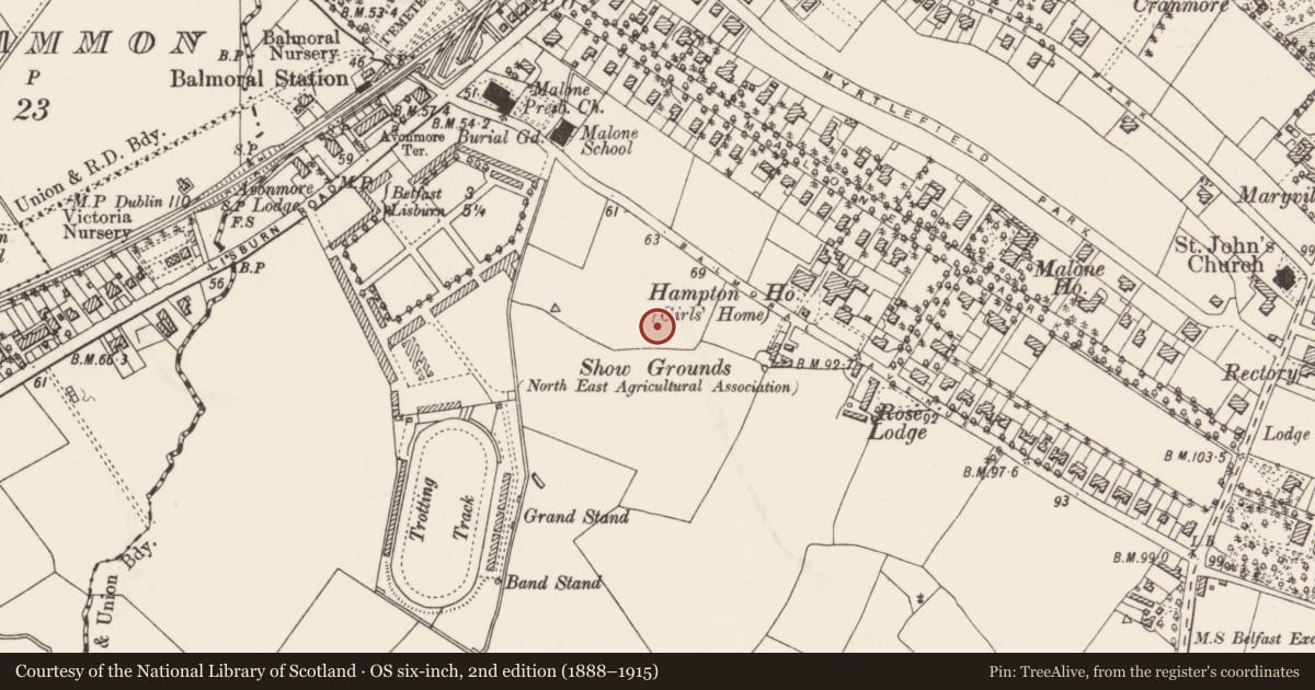 Ordnance Survey six-inch map, 2nd edition (1888–1915) covering the location of 6 Harberton Drive Belfast, with a pin at the register's coordinates