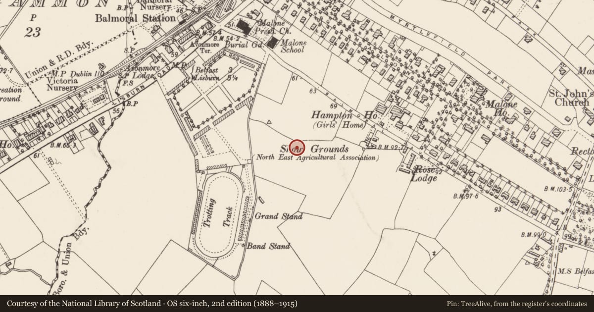 Ordnance Survey six-inch map, 2nd edition (1888–1915) covering the location of 17 Harberton Drive Belfast, with a pin at the register's coordinates