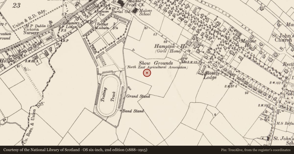 Ordnance Survey six-inch map, 2nd edition (1888–1915) covering the location of 23 Harberton Drive Belfast, with a pin at the register's coordinates