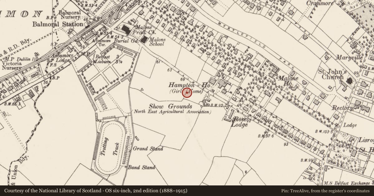 Ordnance Survey six-inch map, 2nd edition (1888–1915) covering the location of 3 Harberton Avenue Belfast, with a pin at the register's coordinates