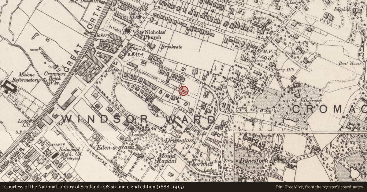 Ordnance Survey six-inch map, 2nd edition (1888–1915) covering the location of 110 & 112 Marlborough Park Central Belfast, with a pin at the register's coordinates