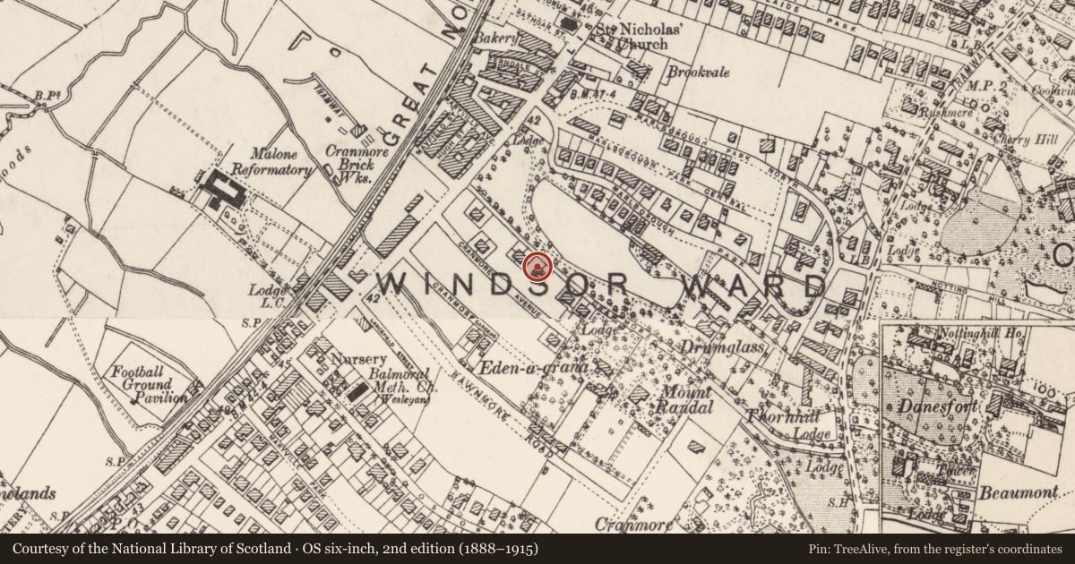 Ordnance Survey six-inch map, 2nd edition (1888–1915) covering the location of 19 & 21 Cranmore Park, with a pin at the register's coordinates